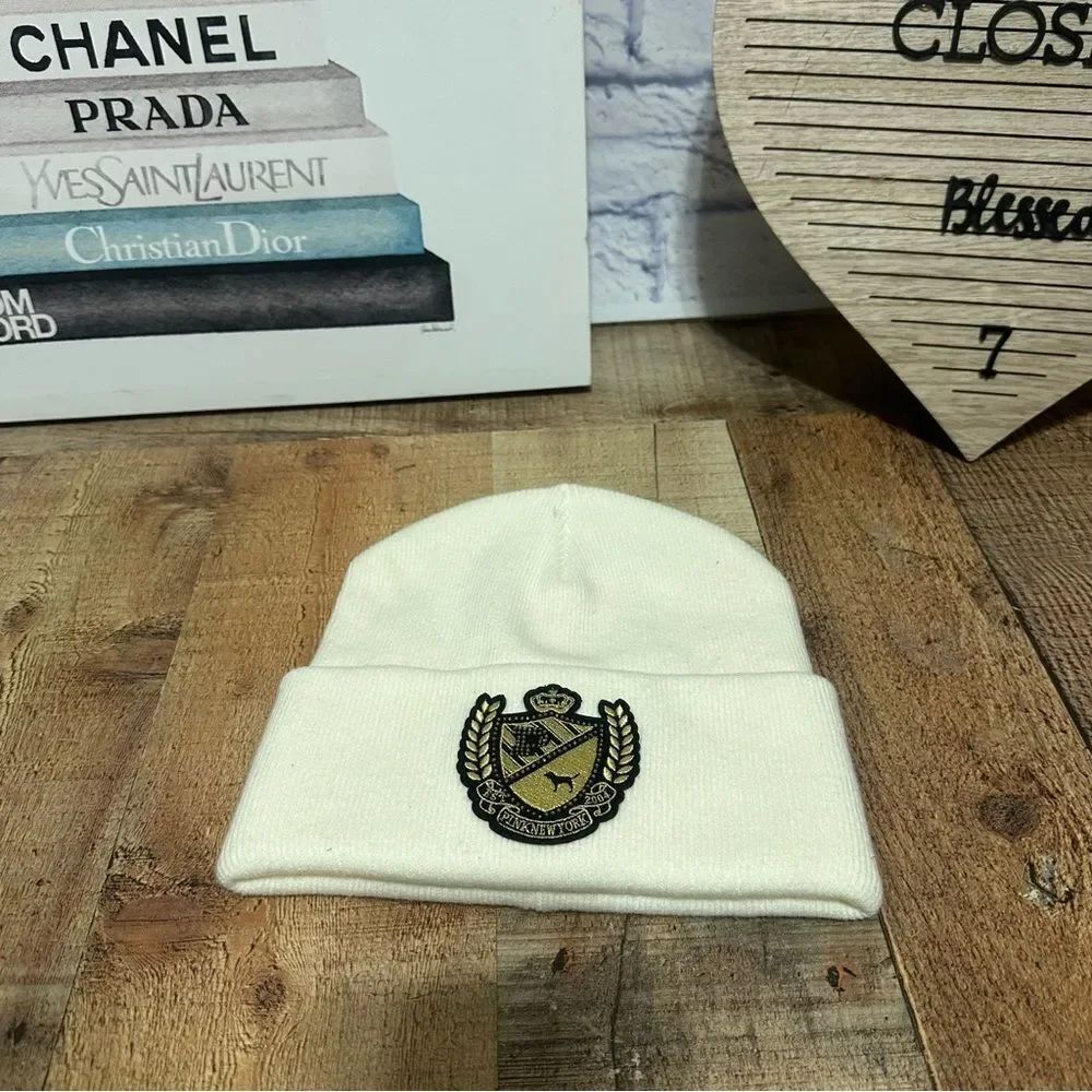 Victoria’s Secret PINK Ribbed Knit Beanie Hat White/Ivory Bling Logo OSFA NEW
